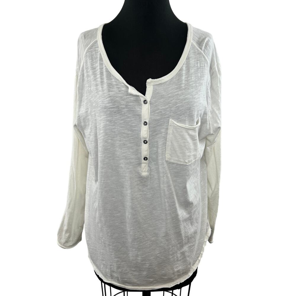 We The Free People White Long Sleeve Round Neck Cotton Henley Pocket Top Size S